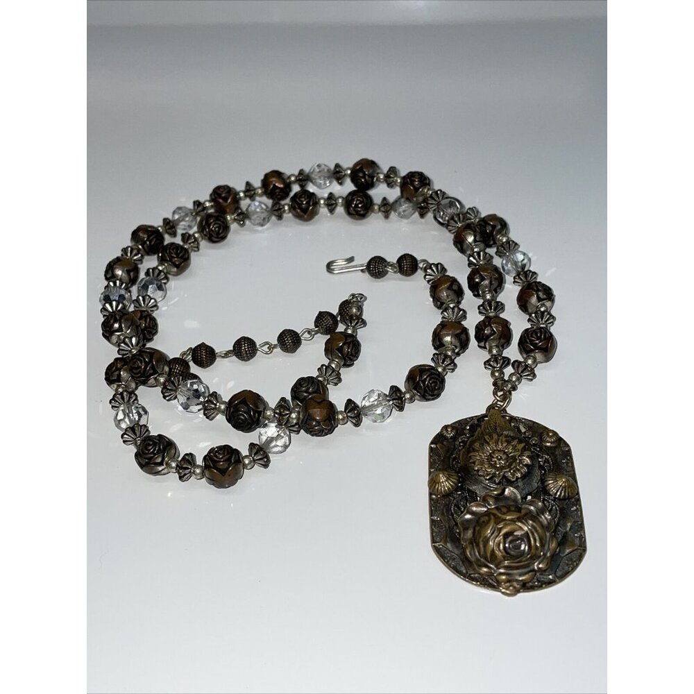 Vintage Brass Rose Pendant Necklace With Plastic Beaded Roses Filigree Stunning!